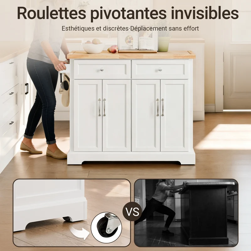SoBuy FKW71-III-WN Ìlot Cuisine Mobile avec Plan Extensible – Desserte Gain de Place, Blanc
