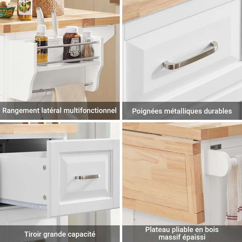 SoBuy FKW41-II-WN Îlot de Cuisine Mobile – Plan Extensible 46–71 cm, 3 Tiroirs, Armoire, Blanc et Bois Naturel