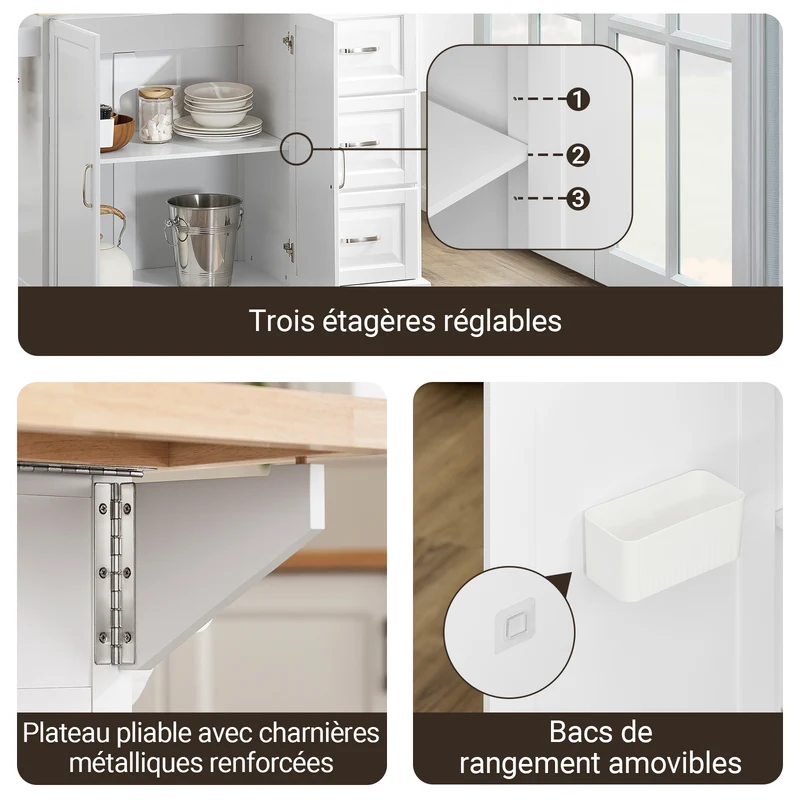SoBuy FKW41-II-WN Îlot de Cuisine Mobile – Plan Extensible 46–71 cm, 3 Tiroirs, Armoire, Blanc et Bois Naturel