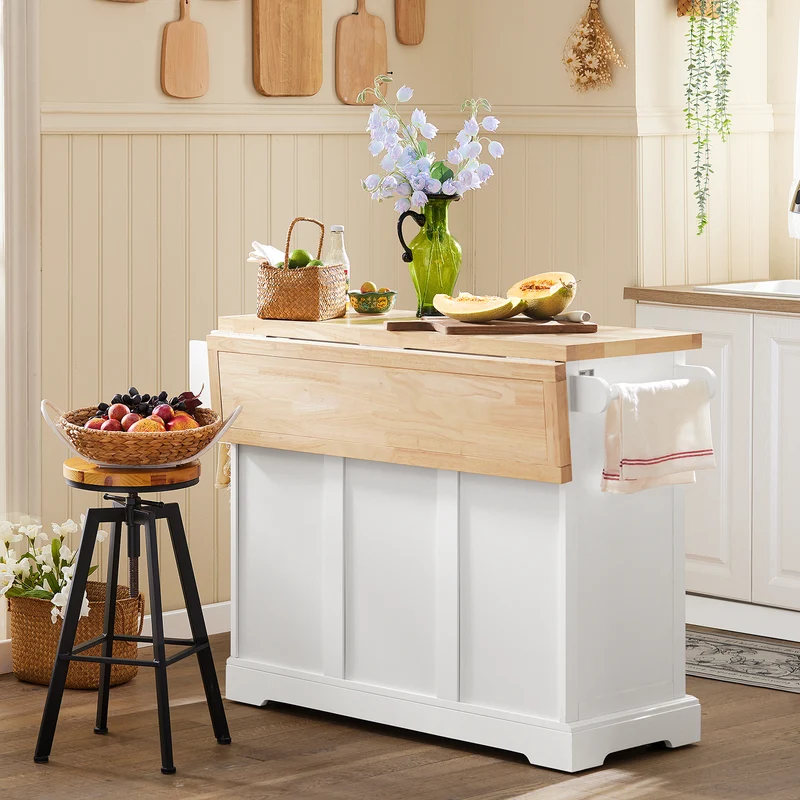 SoBuy FKW41-II-WN Îlot de Cuisine Mobile – Plan Extensible 46–71 cm, 3 Tiroirs, Armoire, Blanc et Bois Naturel