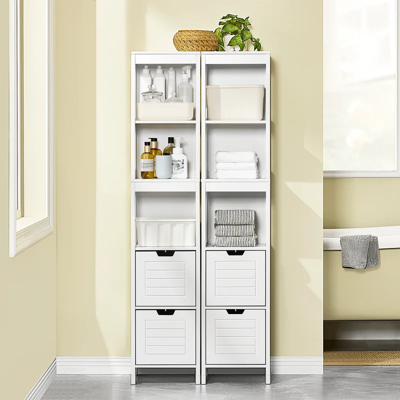 SoBuy FRG126-W Colonne de Salle de Bain – 4 Étagères, 2 Tiroirs, Anti-Basculement, 30×30×144 cm, Blanc