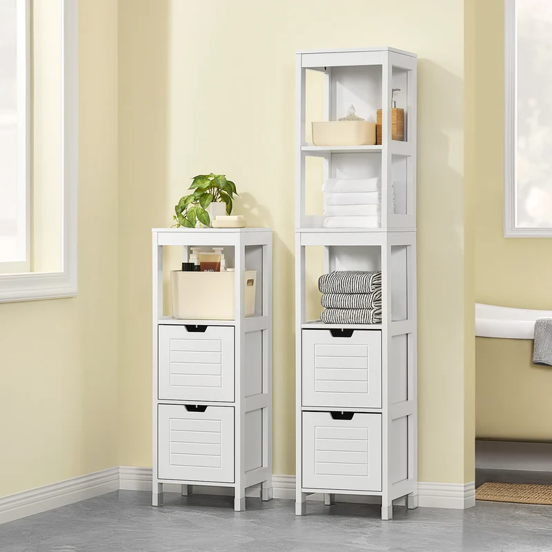 SoBuy FRG126-W Colonne de Salle de Bain – 4 Étagères, 2 Tiroirs, Anti-Basculement, 30×30×144 cm, Blanc