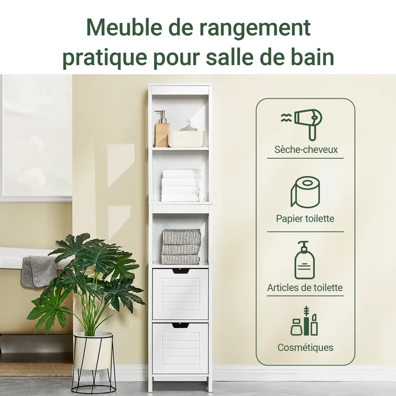 SoBuy FRG126-W Colonne de Salle de Bain – 4 Étagères, 2 Tiroirs, Anti-Basculement, 30×30×144 cm, Blanc