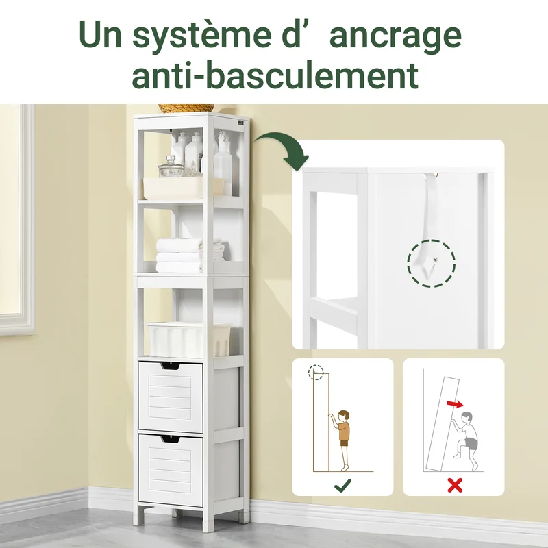 SoBuy FRG126-W Colonne de Salle de Bain – 4 Étagères, 2 Tiroirs, Anti-Basculement, 30×30×144 cm, Blanc