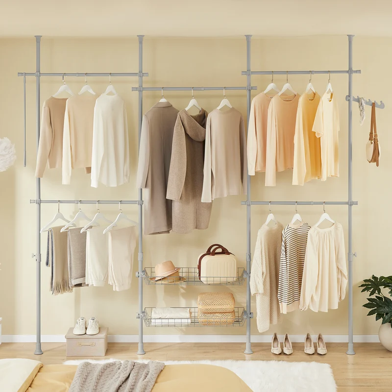 SoBuy KLS04-II-HG Portant à vêtements télescopique solide - Penderie ouverte réglable avec tringles et étagères, Porte manteau pour chambre/dressing, Gris