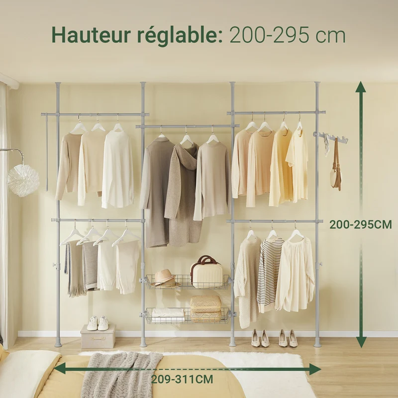 SoBuy KLS04-II-HG Portant à vêtements télescopique solide - Penderie ouverte réglable avec tringles et étagères, Porte manteau pour chambre/dressing, Gris