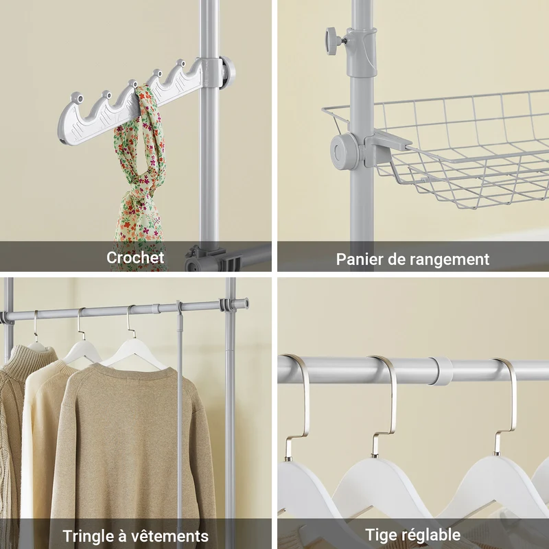 SoBuy KLS04-II-HG Portant à vêtements télescopique solide - Penderie ouverte réglable avec tringles et étagères, Porte manteau pour chambre/dressing, Gris