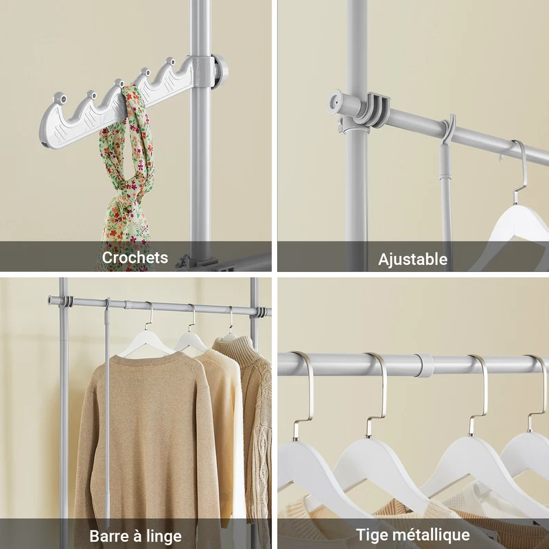 SoBuy FRG109-II-HG Tringle à Vêtements Télescopique, Portant à Vêtements Robuste, Penderie Ouverte Réglable avec Barres de Suspension pour Chambre, Dressing, Gris