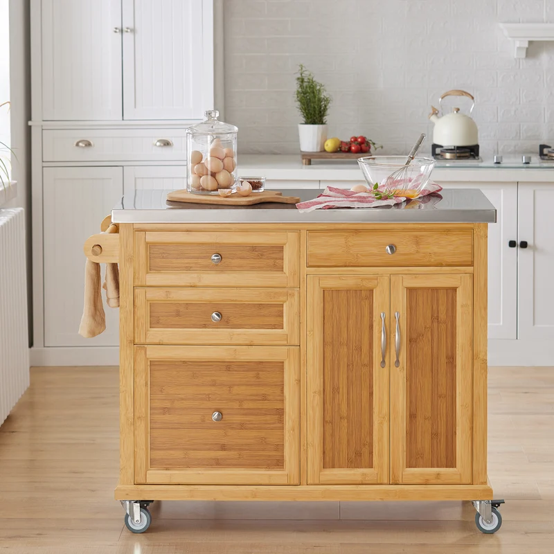 SoBuy FKW70-N Îlot Central de Cuisine sur Roulettes, Plan de Travail INOX, 4 Tiroirs, Chariot Mobile avec Rangement – 115x46x92cm, Naturel