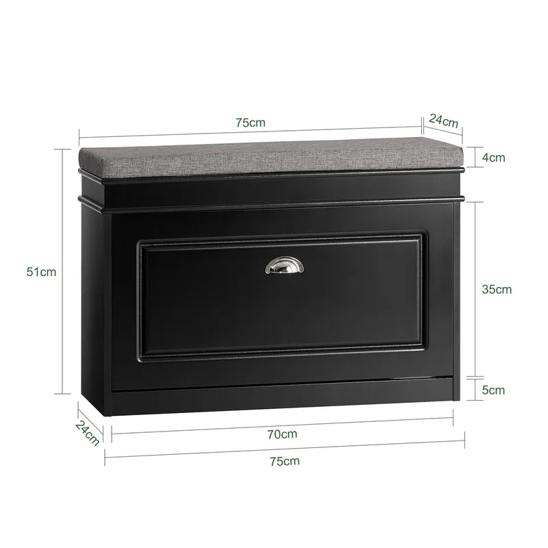 SoBuy FSR82-L-SCH Banc à Chaussures avec Coussin Rembourré et 1 Abattant, Slim 24cm pour Entrée – 75x24x51 cm, Noir