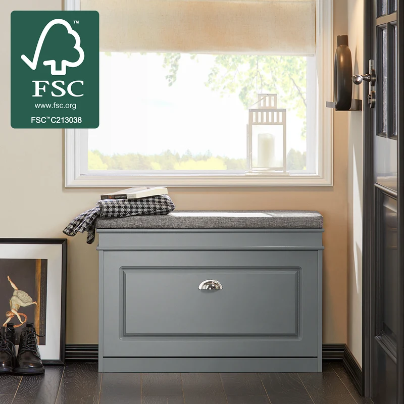 SoBuy FSR82-L-HG Banc à Chaussures avec Coussin – 75×24×51 cm, 1 Abattant, Gris, FSC®