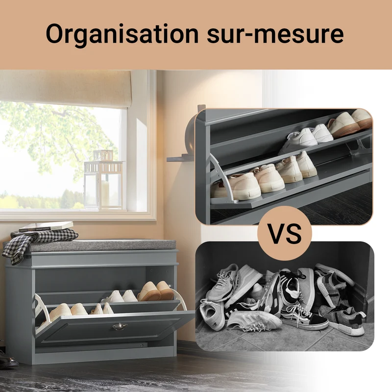 SoBuy FSR82-L-HG Banc à Chaussures avec Coussin – 75×24×51 cm, 1 Abattant, Gris, FSC®