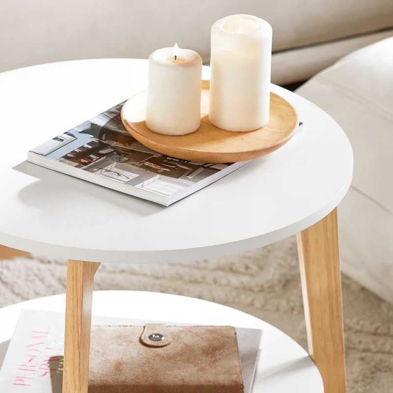 SoBuy FBT75-W Set de 2-Blanc et Bois Ronde Table d'Appoint Table Basse Ronde Guéridon