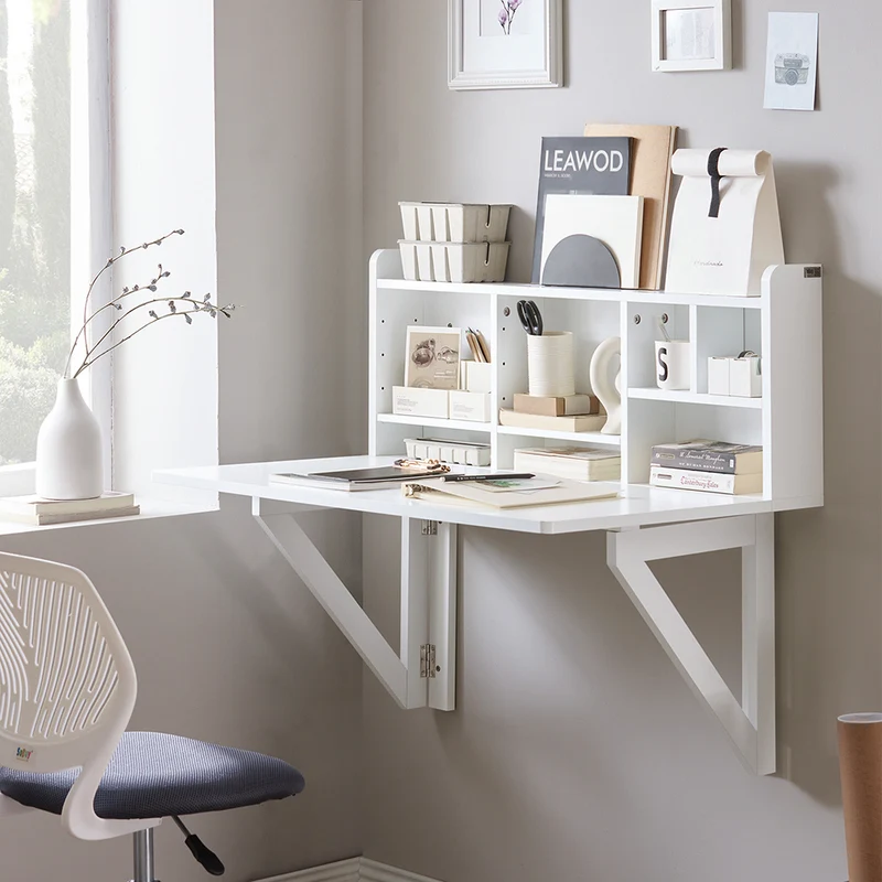 SoBuy FWT07-II-W Table murale rabattable 90 x 60 cm avec étagère intégrée – Bureau mural gain de place blanc