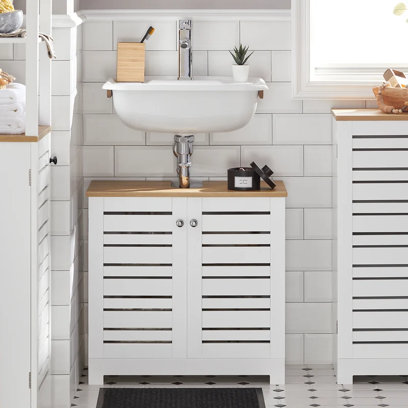 SoBuy BZR40-W Meuble Sous-Lavabo Meuble Sous-Vasque à 2 étages et 2 Portes Meuble de Rangement de Salle de Bain