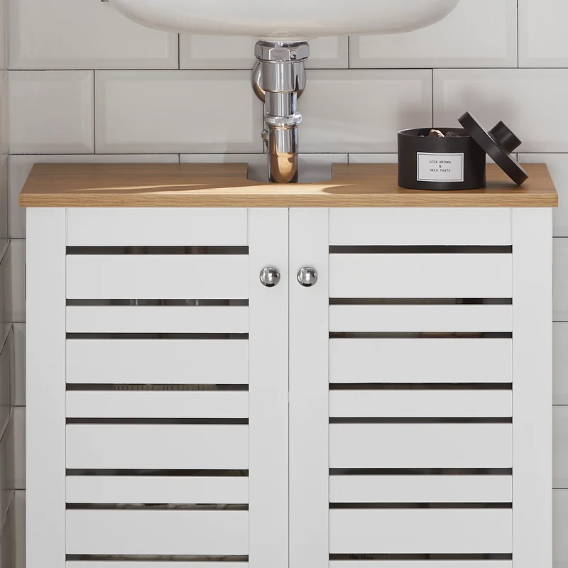 SoBuy BZR40-W Meuble Sous-Lavabo Meuble Sous-Vasque à 2 étages et 2 Portes Meuble de Rangement de Salle de Bain