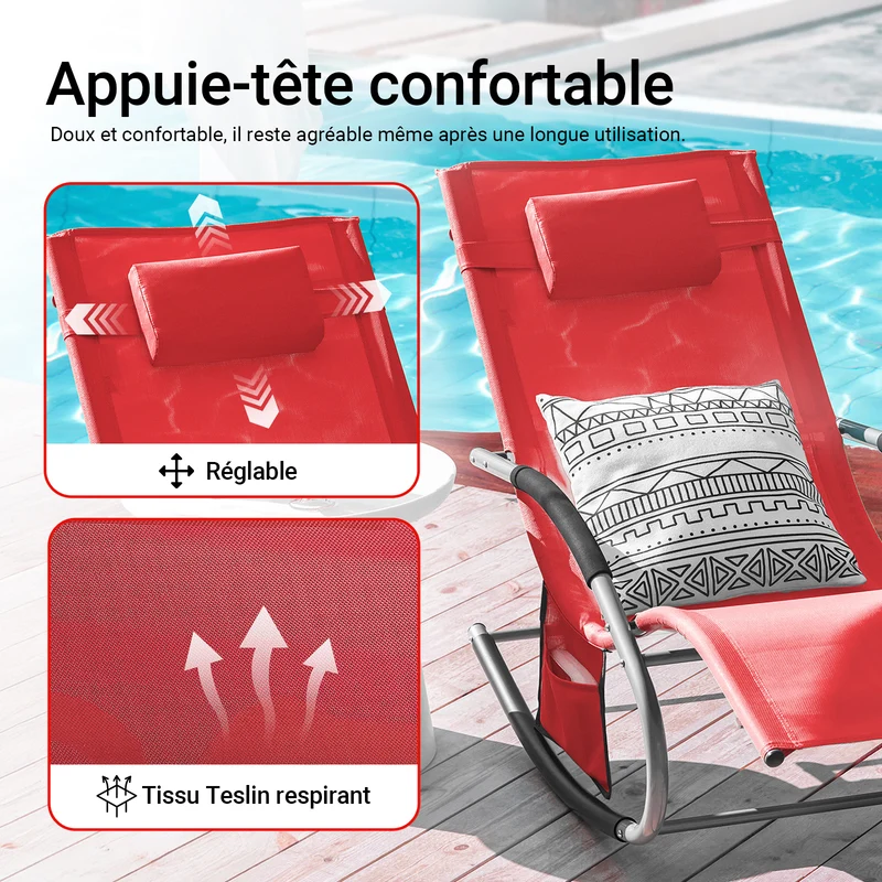 SoBuy OGS28-R Chaise Longue Transat de Jardin Bascule avec Appui-tête Réglable et Pochette latérale