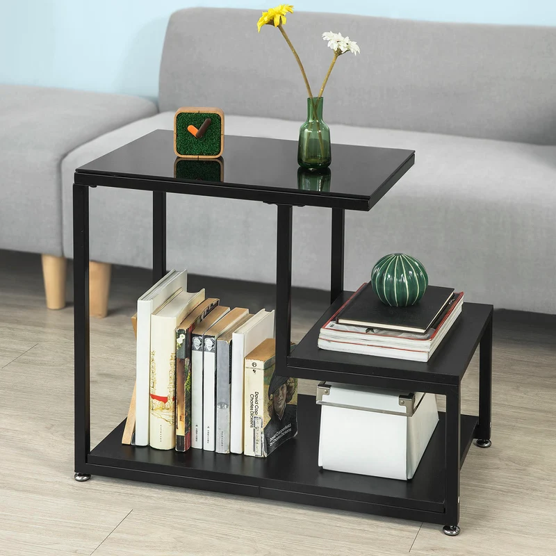 SoBuy FBT65-SCH Bout de Canapé Table d’Appoint Tables Basses avec 3 Étagères de Rangement