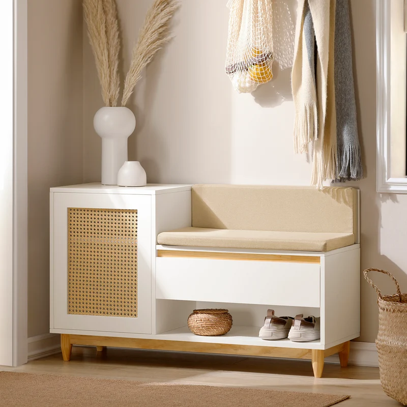 SoBuy FSR128-W Banc à Chaussures 100cm – Coussin Rembourré, Tiroir, Porte Treillis, Pin Massif – Blanc