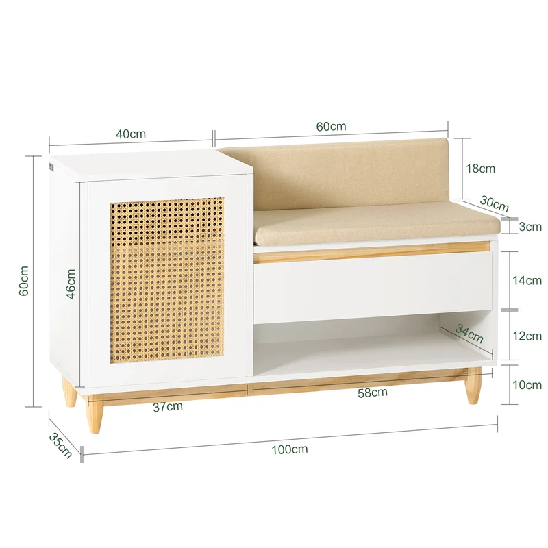 SoBuy FSR128-W Banc à Chaussures 100cm – Coussin Rembourré, Tiroir, Porte Treillis, Pin Massif – Blanc