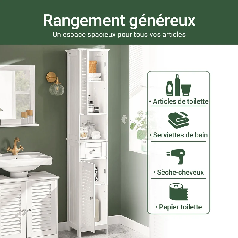 SoBuy FRG236-W Colonne de Salle de Bain – 32 cm, 2 Portes Persiennes, Tiroir et Niche, Blanc