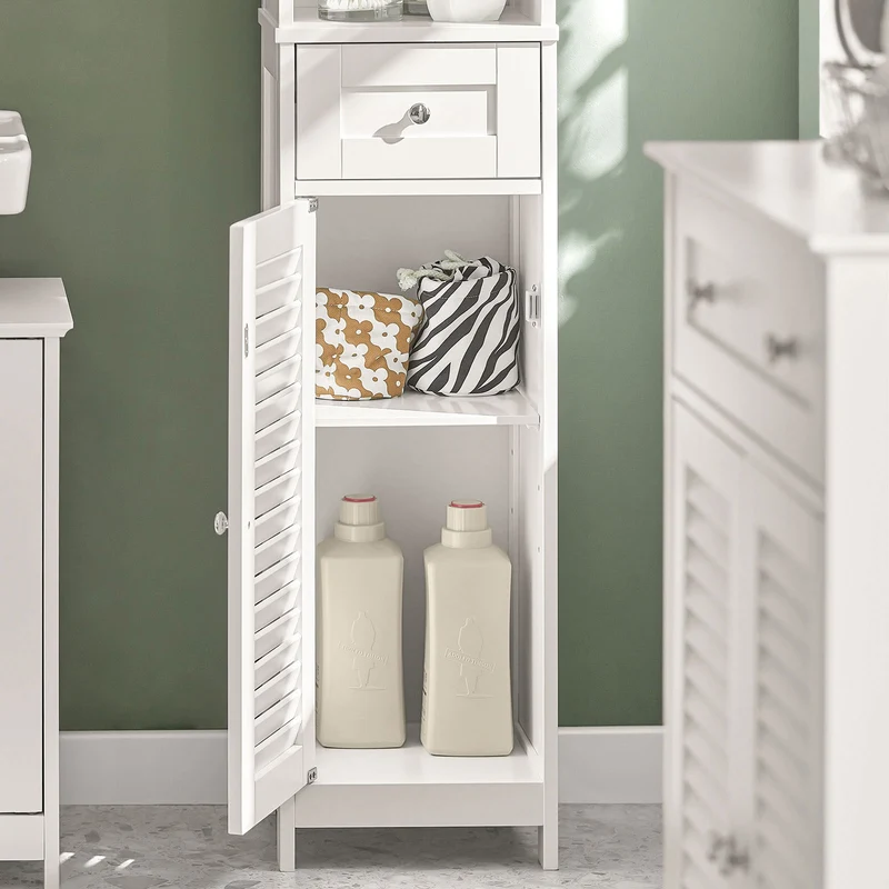 SoBuy FRG236-W Colonne de Salle de Bain – 32 cm, 2 Portes Persiennes, Tiroir et Niche, Blanc