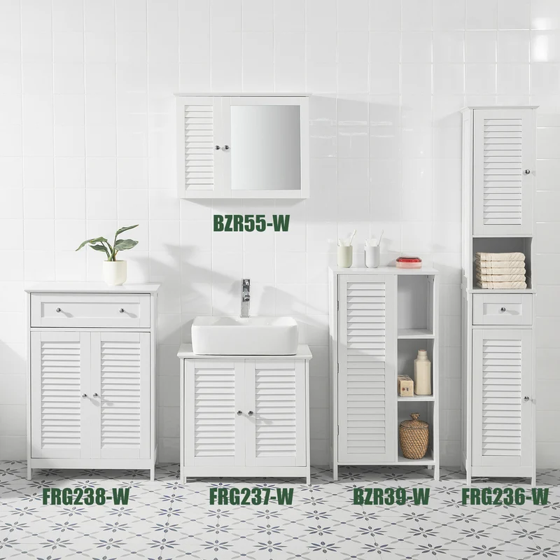 SoBuy FRG236-W Colonne de Salle de Bain – 32 cm, 2 Portes Persiennes, Tiroir et Niche, Blanc