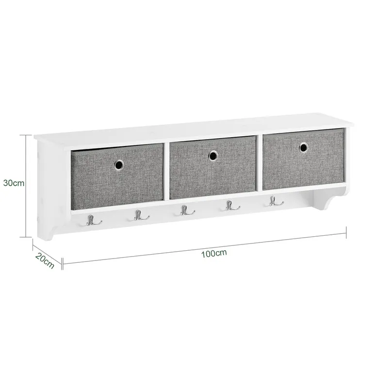 SoBuy FRG282-W Porte-Manteau Mural avec 5 Crochets et 3 Paniers, pour Entrée et Couloir, Design Fonctionnel, Usage Quotidien – L100×P20×H30 cm, Bois, Blanc