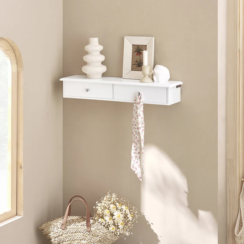 SoBuy FRG43-W Etagere Murale avec 2 Tiroirs - Étagère Flottante Moderne pour Entrée, Salon, Cuisine & Chambre - Blanc 64x15x10cm