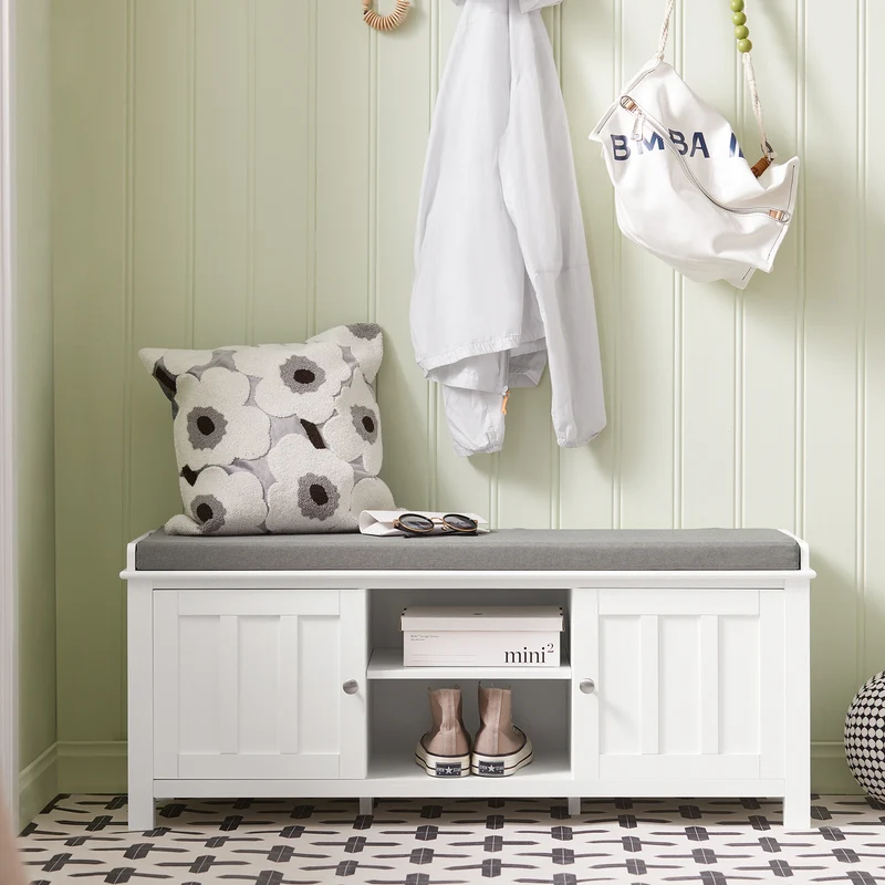 SoBuy FSR35-W Banc à Chaussures avec Coussin Rembourré et Rangement pour Bottes, Meuble d'Entrée – 105x35x43 cm, Blanc