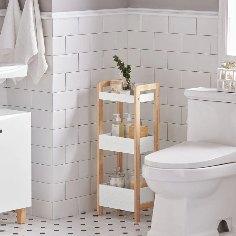 SoBuy FRG226-WN Tour de rangement salle de bain 20 cm avec 3 paniers – Blanc et bois