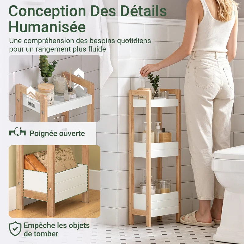 SoBuy FRG226-WN Tour de rangement salle de bain 20 cm avec 3 paniers – Blanc et bois