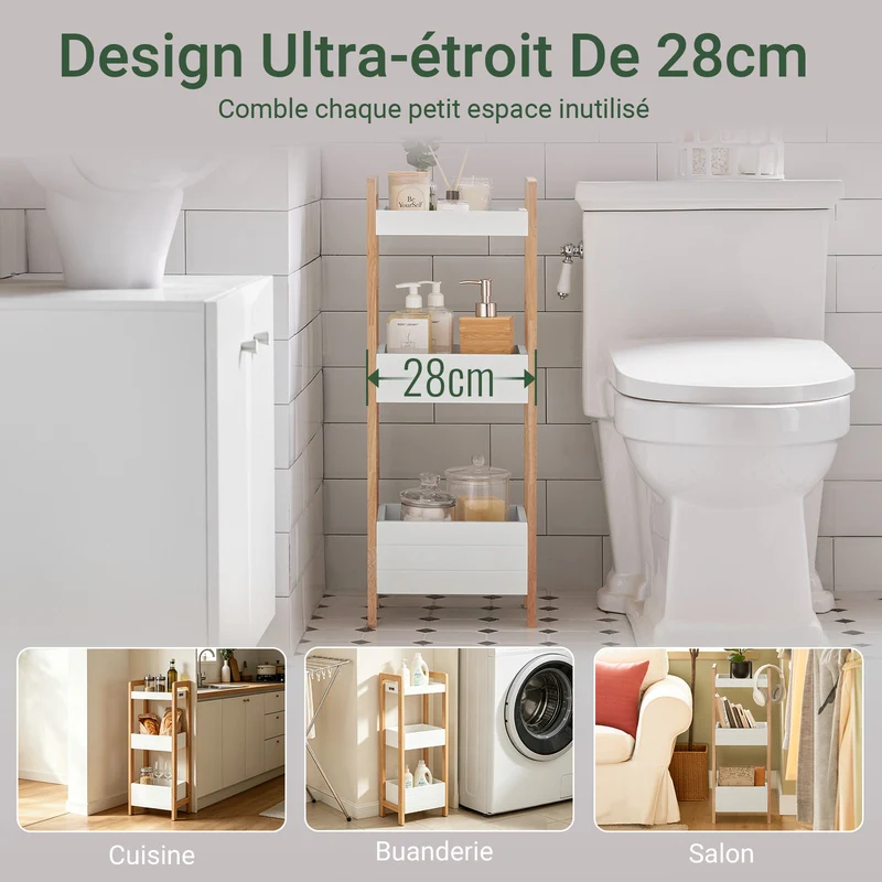 SoBuy FRG226-WN Tour de rangement salle de bain 20 cm avec 3 paniers – Blanc et bois