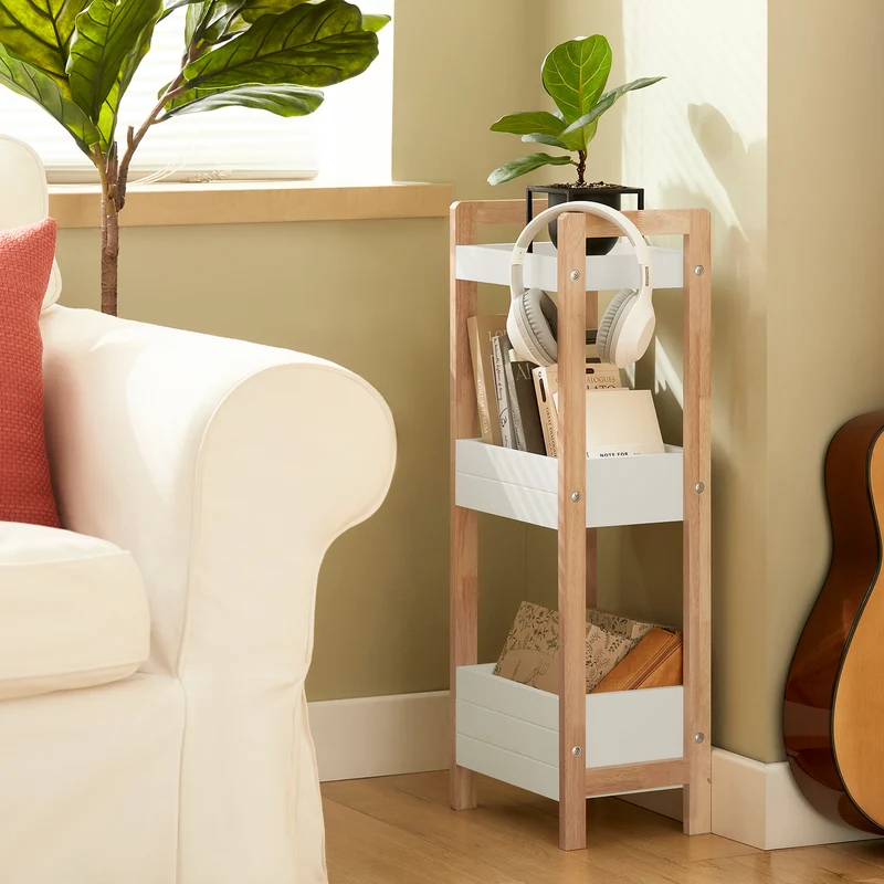 SoBuy FRG226-WN Tour de rangement salle de bain 20 cm avec 3 paniers – Blanc et bois