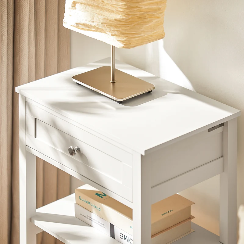 SoBuy FBT46-W Table de Chevet avec 1 Tiroir & 2 Étagères, Table d'appoint Moderne, Blanche, L45 x P30 x H68cm