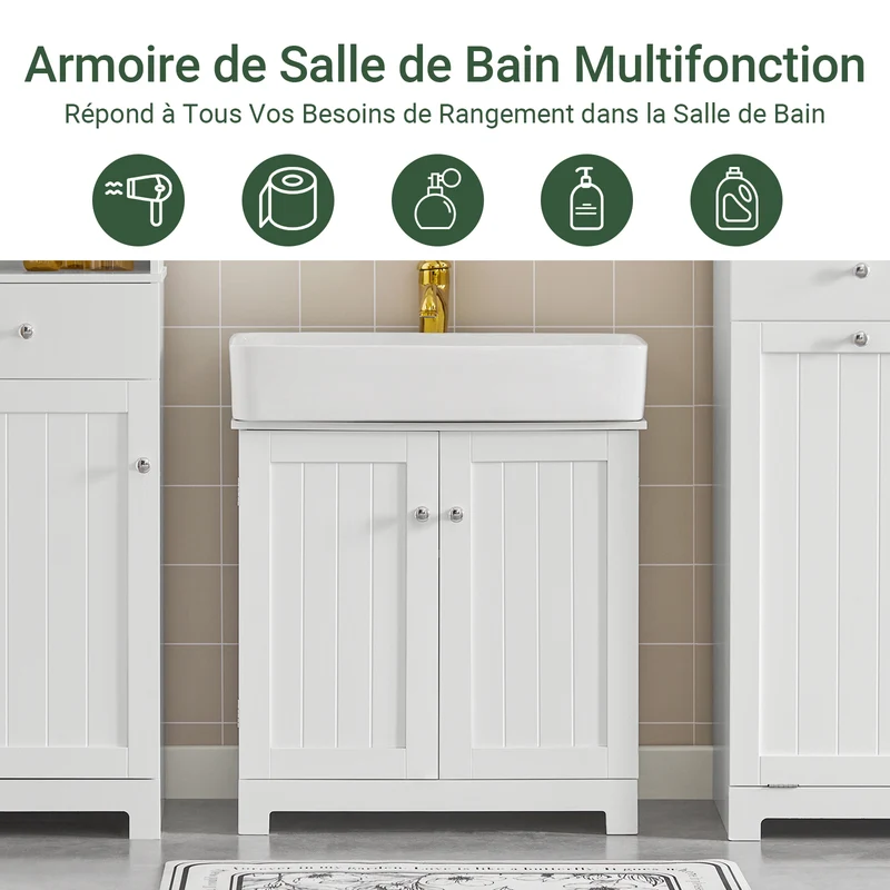 SoBuy BZR18-W Meuble sous Lavabo avec Étagère Réglable, Format Compact, pour Salle de Bain et WC, Rangement Optimisé, Pratique – L60×P29×H60 cm, MDF, Blanc