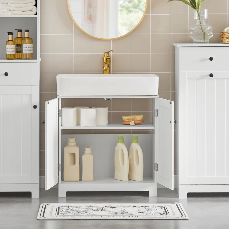 SoBuy BZR18-W Meuble sous Lavabo avec Étagère Réglable, Format Compact, pour Salle de Bain et WC, Rangement Optimisé, Pratique – L60×P29×H60 cm, MDF, Blanc