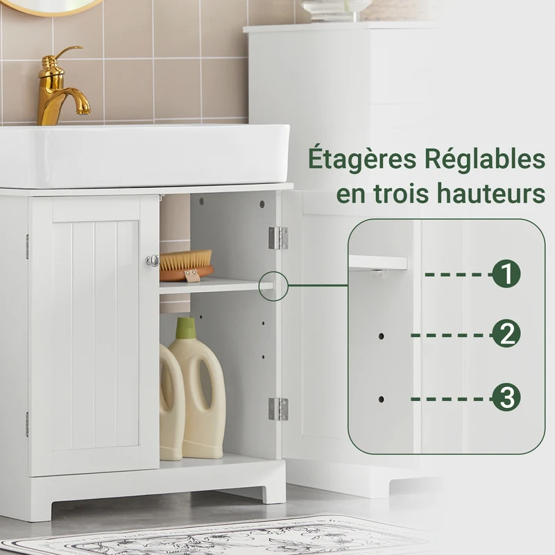 SoBuy BZR18-W Meuble sous Lavabo avec Étagère Réglable, Format Compact, pour Salle de Bain et WC, Rangement Optimisé, Pratique – L60×P29×H60 cm, MDF, Blanc