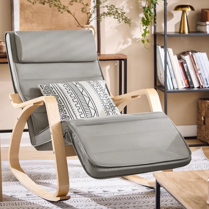 SoBuy FST16-DG Fauteuil a Bascule, Relax Rocking Chair, Chaise a Bascule avec Repose-Pieds et Appui-tête réglables, Gris