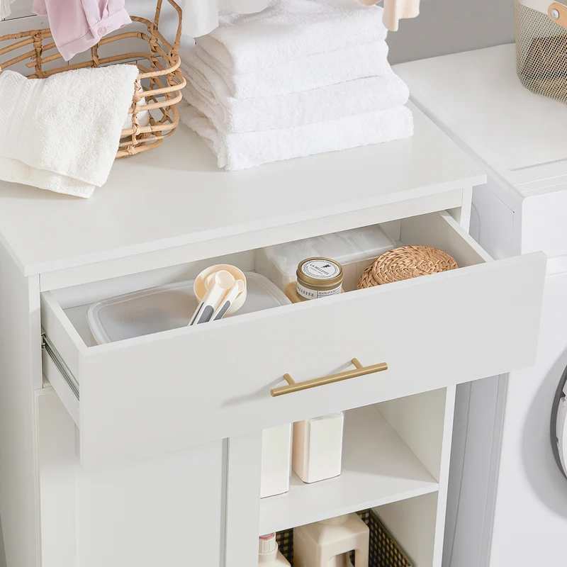 SoBuy BZR66-W Meuble Salle de Bain avec Panier à Linge Amovible, 1 Tiroir et 2 Étagères – Rangement Compact Blanc – 66×37×95 cm