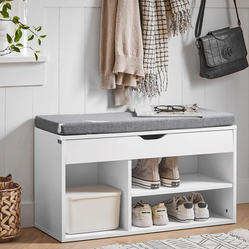 SoBuy FSR45-HG Banc à Chaussures avec Coussin Rembourré et Rangement pour Bottes, Meuble d'Entrée – 80x30x46 cm, Gris