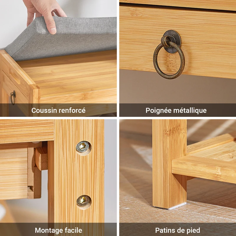 SoBuy FSR49-N Banc à Chaussures en Bambou Massif avec Coussin 8 cm, 2 Étagères et Tiroir – Charge 150 kg – Naturel
