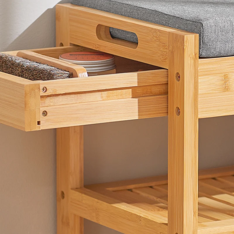 SoBuy FSR49-N Banc à Chaussures en Bambou Massif avec Coussin 8 cm, 2 Étagères et Tiroir – Charge 150 kg – Naturel