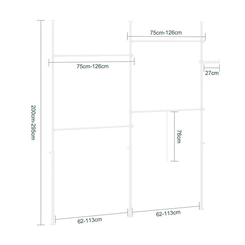 SoBuy KLS03-II-W Portant à Vêtements Télescopique – Largeur 124–226 cm, Hauteur 200–295 cm, Blanc