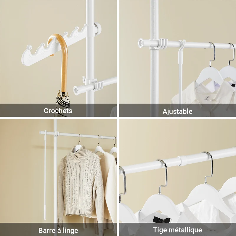 SoBuy KLS03-II-W Portant à Vêtements Télescopique – Largeur 124–226 cm, Hauteur 200–295 cm, Blanc