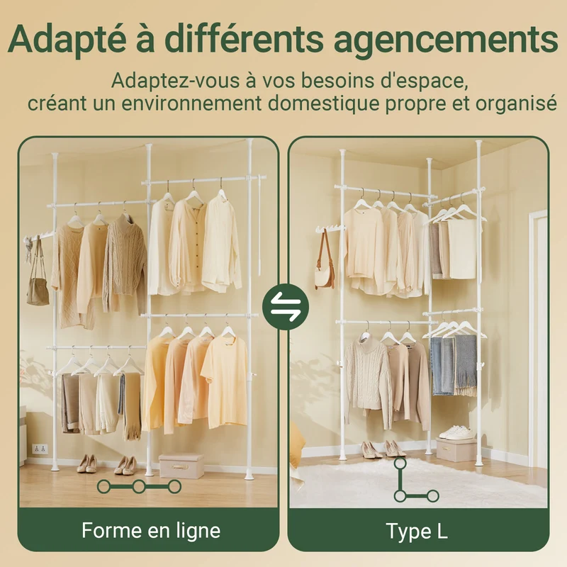 SoBuy KLS03-II-W Portant à Vêtements Télescopique – Largeur 124–226 cm, Hauteur 200–295 cm, Blanc