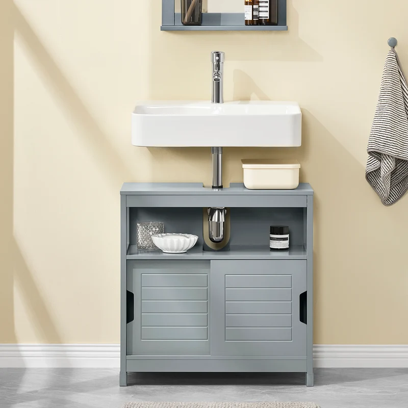 SoBuy FRG128-SG Meuble sous Lavabo avec Portes Coulissantes, Format Compact, Résistant à l’Humidité, pour Salle de Bain et WC – L60×P30×H60 cm, Bois, Gris