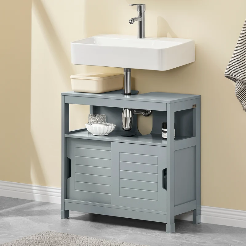 SoBuy FRG128-SG Meuble sous Lavabo avec Portes Coulissantes, Format Compact, Résistant à l’Humidité, pour Salle de Bain et WC – L60×P30×H60 cm, Bois, Gris
