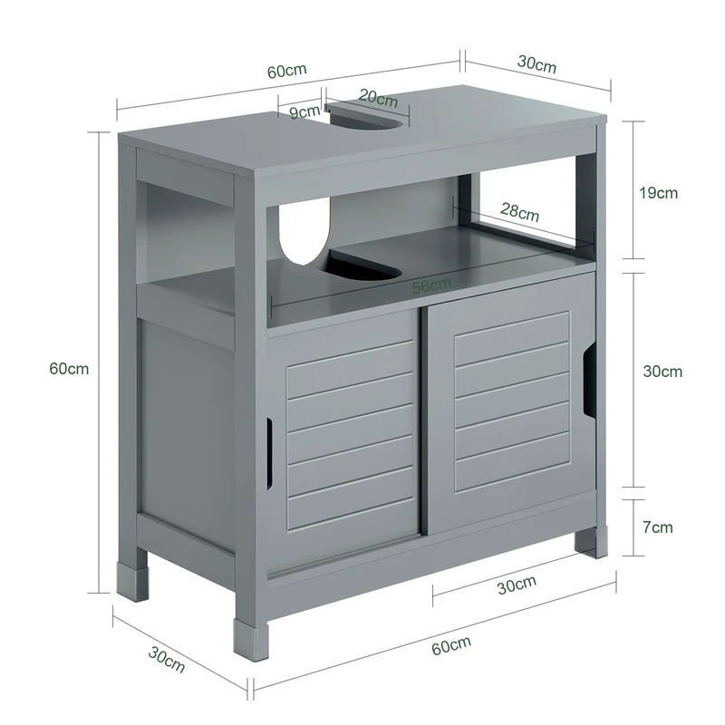 SoBuy FRG128-SG Meuble sous Lavabo avec Portes Coulissantes, Format Compact, Résistant à l’Humidité, pour Salle de Bain et WC – L60×P30×H60 cm, Bois, Gris