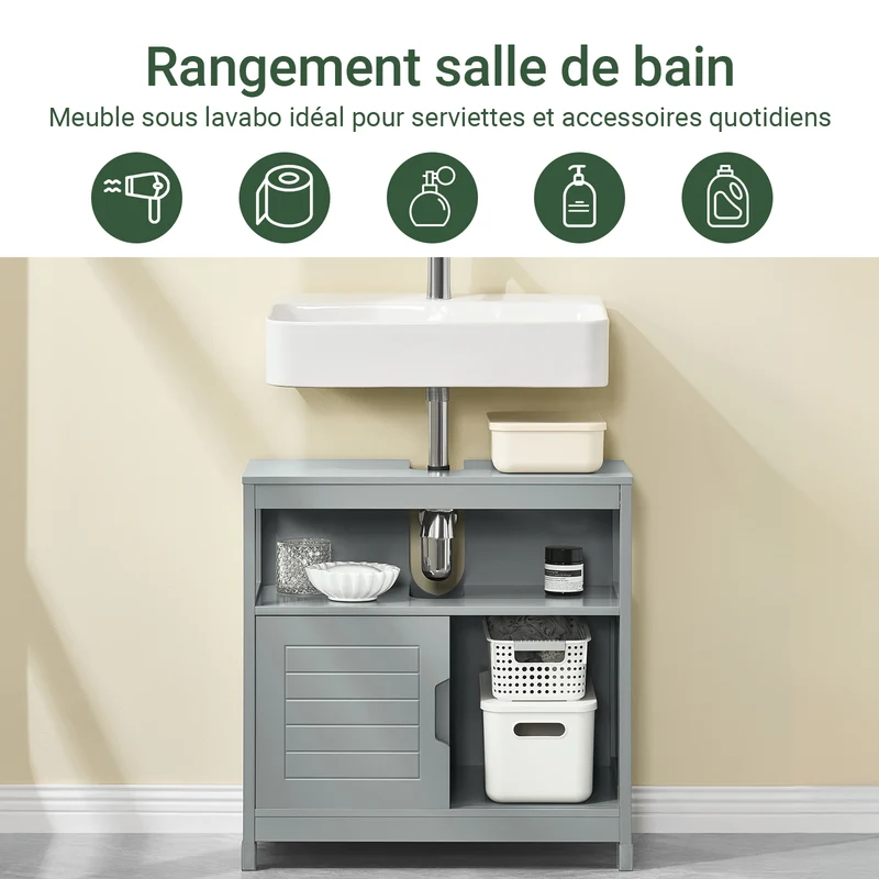 SoBuy FRG128-SG Meuble sous Lavabo avec Portes Coulissantes, Format Compact, Résistant à l’Humidité, pour Salle de Bain et WC – L60×P30×H60 cm, Bois, Gris